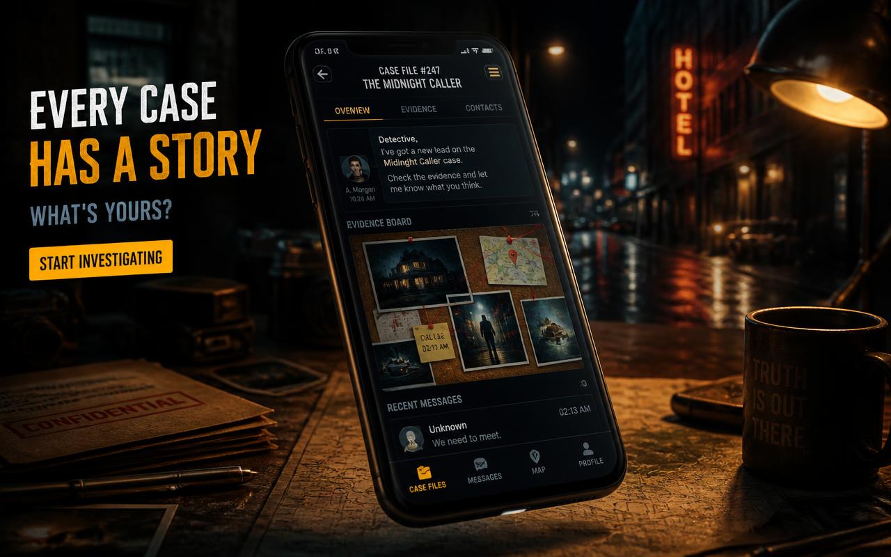 For Leaked gameplay preview showing a fictional phone interface with case files, evidence board, and messages